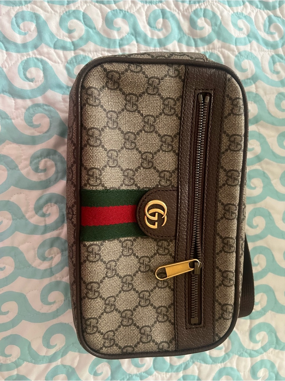 Gucci Brown Monogram Belt Bag with Green and Red Web and Gold Hardware